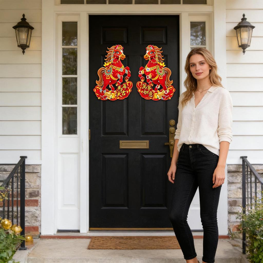 Chinese New Year Door Banner Red Wall Horse Decoration Paper Animal Ornament 2PCS Set for Workplace Shop Holiday Decorations