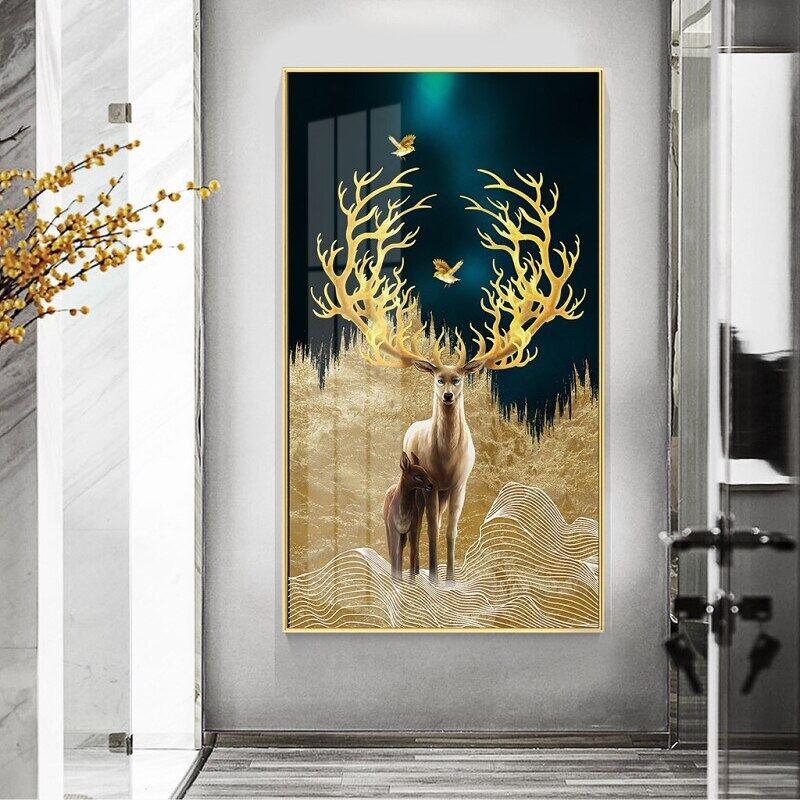 Modern Gold Deer Tree and Bird Poster Canvas Paintings Golden Night Wall Art Print Pictures for Living Room Home Decor Frameless