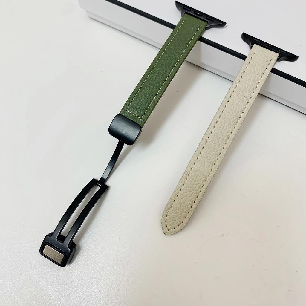 Folding Buckle Leather Magnetic Strap For Apple Watch S10 42/46mm 9 8 7 6 SE 5 4 Slim Watchband 38 40 44mm 45mm 41mm For iwatch