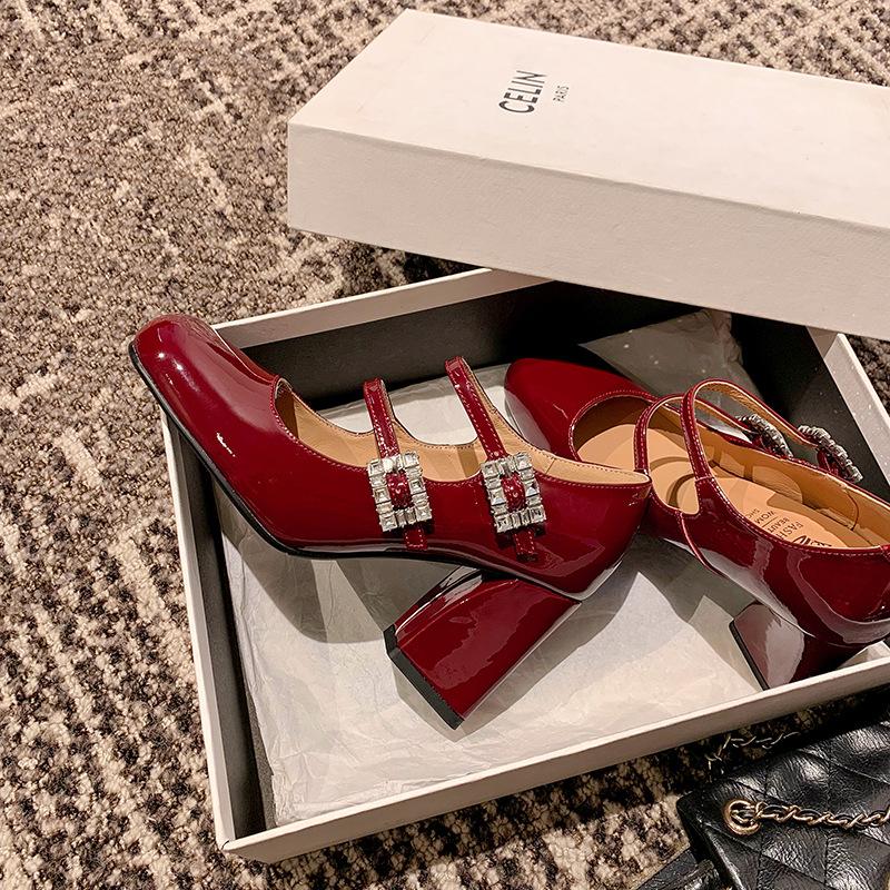 2025 Early Spring Round Head and Leather Shallow Mouth One-word Buckle with Rhinestone Square Buckle Single Shoes Bai and Mary Jane Women