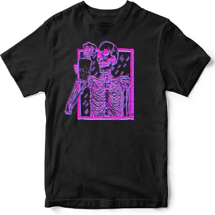 Coffee Lover Tshirt Vintage Synthwave Smiling Skeleton Drink Coffee Gift T-Shirt for Men Women, Black, Large