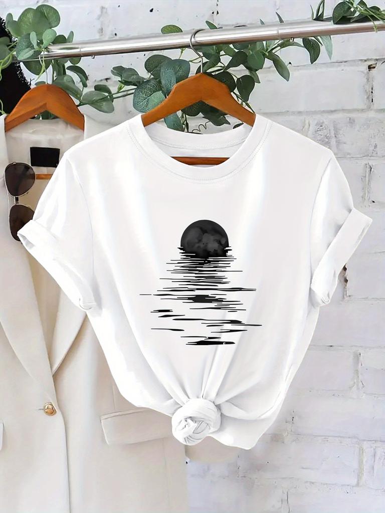 Talla europea Camiseta Casual de Moda para Mujer de Manga Corta con Estampado de Sol y Estrellas, un Top Único para