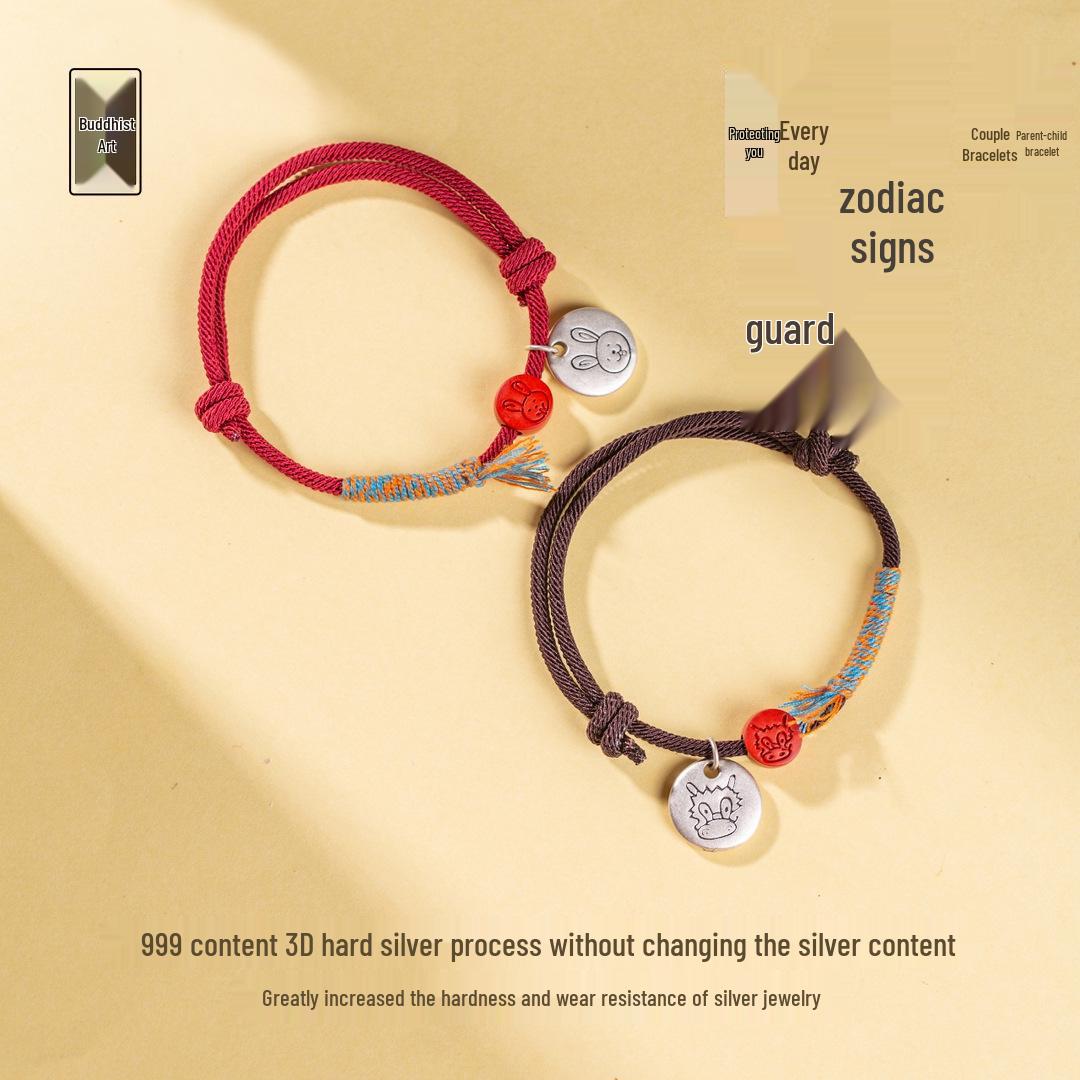 999 Sterling Silver Zodiac Animal Red Rope Bracelet with Cinnabar Beads - Women s Woven Hand Rope for Birth Year, Unisex Design Bright Red - Rat