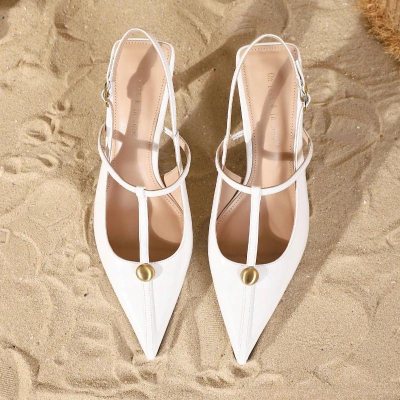 Fashion Elegant T Strap Thin Heel Pumps Women Fashion Metal Decoration Designer Shoes Sexy Pointed Toe Party Dress Shoes Zapatos Mujer