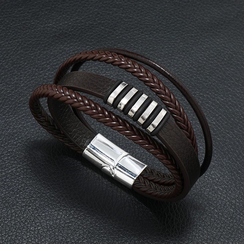 European-American Retro Style Zinc Alloy Multi-Layer Hand-Woven Men's Leather Bracelet.