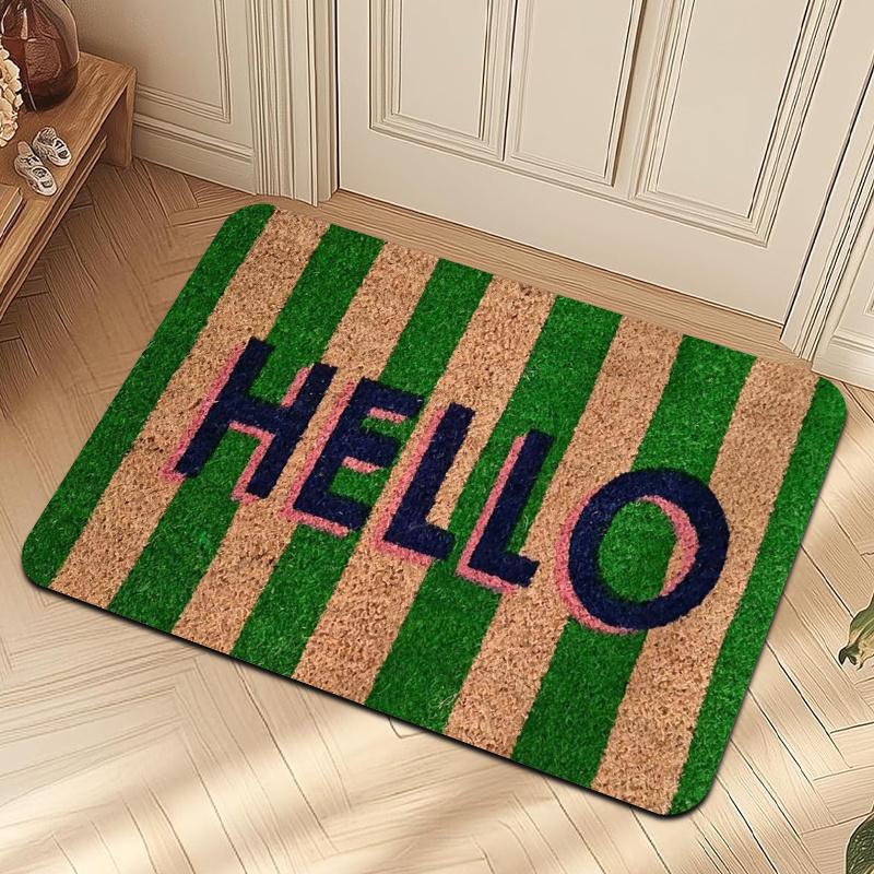 Green Brown Striped HELLO Welcome Doormat Non Slip Washable Entrance Floor Carpet Indoor Outdoor Home Decor RV Mat 1PC