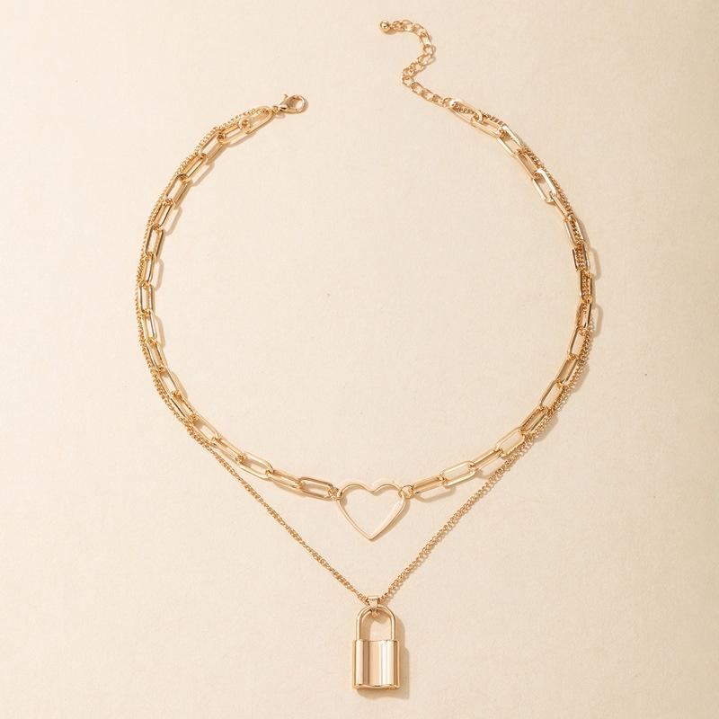 Hollow Heart Multilayer Geometry Thick Sweater Chain Fashion Jewelry Gift Chain Heart Trendy Lock Pendant Necklace for Women