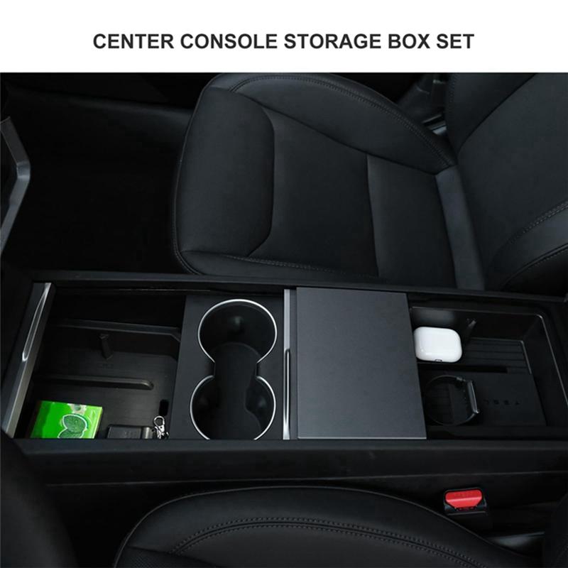 4 Piece Center Console Organizer Lower Bottom Storage Tray Armrest Storage Box Black ABS For Tesla Model 3 Highland 2025