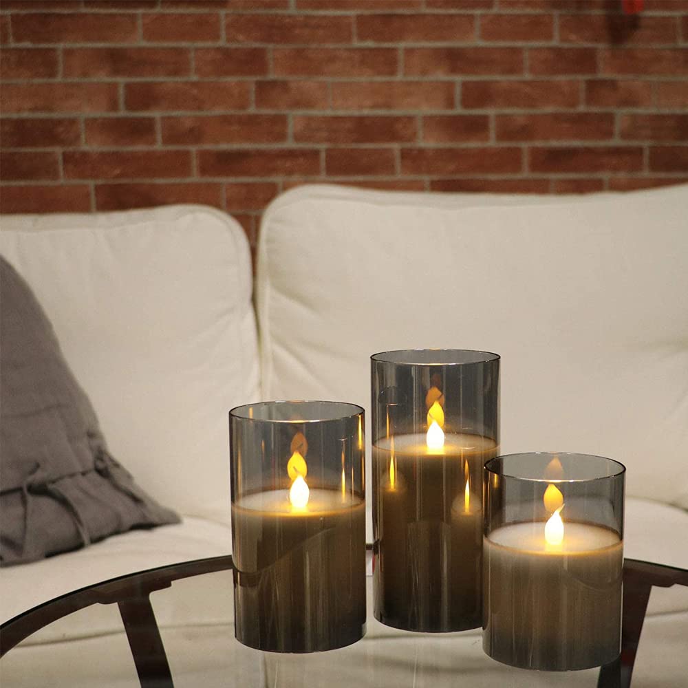RoSok LED Candle Light of LED Glass Paraffin Energy Battery Adjustable Indoor and Outdoor Remote Control Battery Operated LED Candle Gray [Set 3]