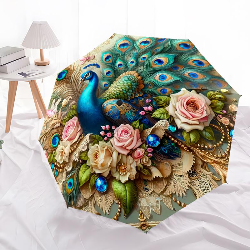 Peacock Theme Design Folding Umbrella-Fashionable Auto-Open Design 8 Iron Ribs Plastic Handle Foldable Sunshade,Perfect Gifts