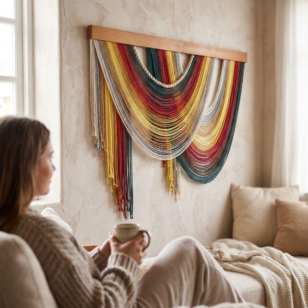 Wooden Bohemian Wall Decor Wall Art Aesthetic Handmade Tassel Tapestry Hand-Woven Cozy Handmade Macrame Wall Hanging Household