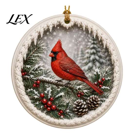 Nature Inspired Seasonal Decorations Acrylic Christmas Red Bird Ornament, Snow Scene Pattern Xmas Tree Pendant Hanging Decor, Retro Round for