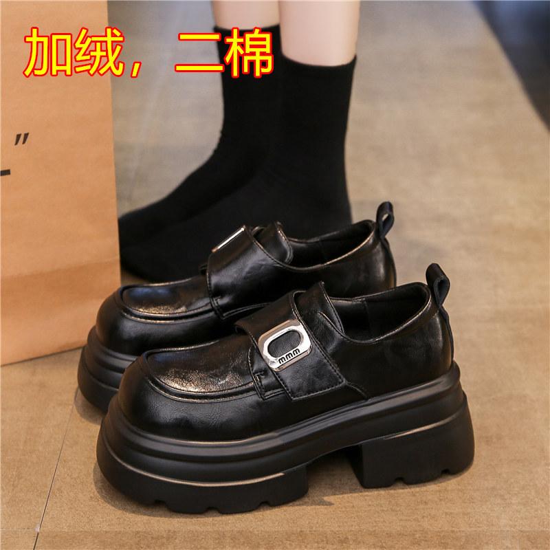 platform-soled loafers, small people gain 7cm in height, small leather shoes, women's shoes, new retro Velcro muffin single shoes