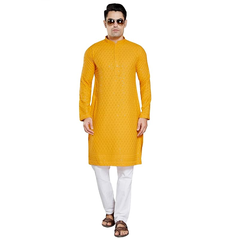 Divisive Men'S Sequince Embroidered Cotton Blend Only Kurta (Dkrt1_Xxxl_Yellow)