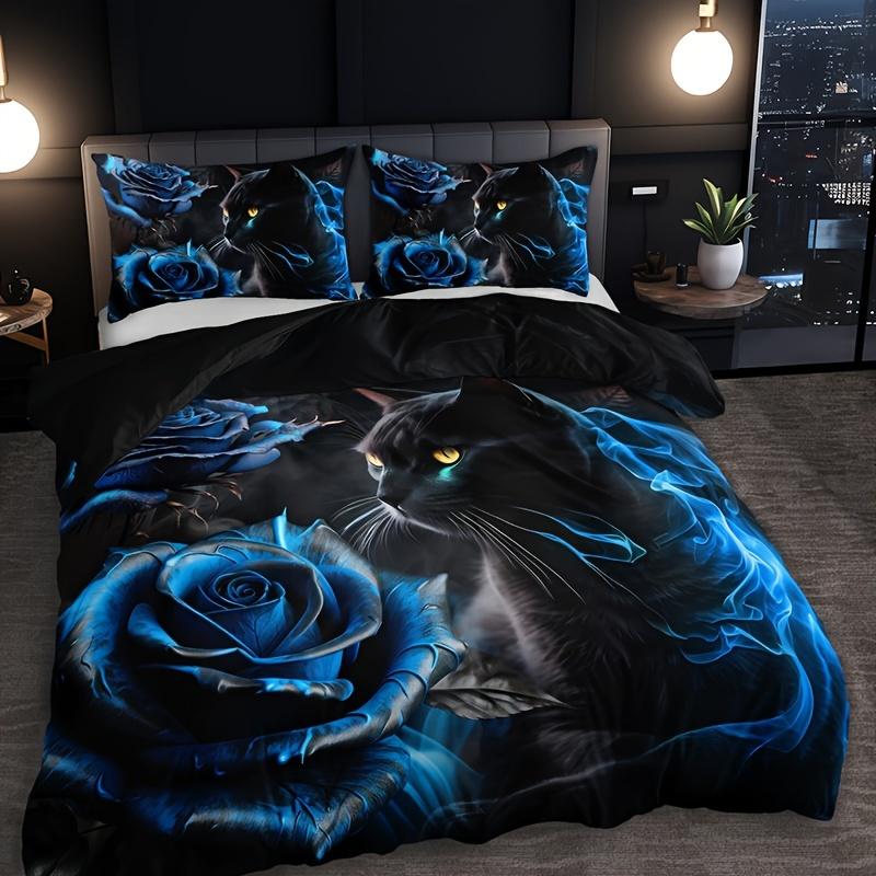 

3pcs 3D Black Cat Blue Rose Bedding Set Floral Animal Duvet Cover Set (1 Duvet Cover + 2 Pillowcases No Inserts) EU Twin(135x200cm)