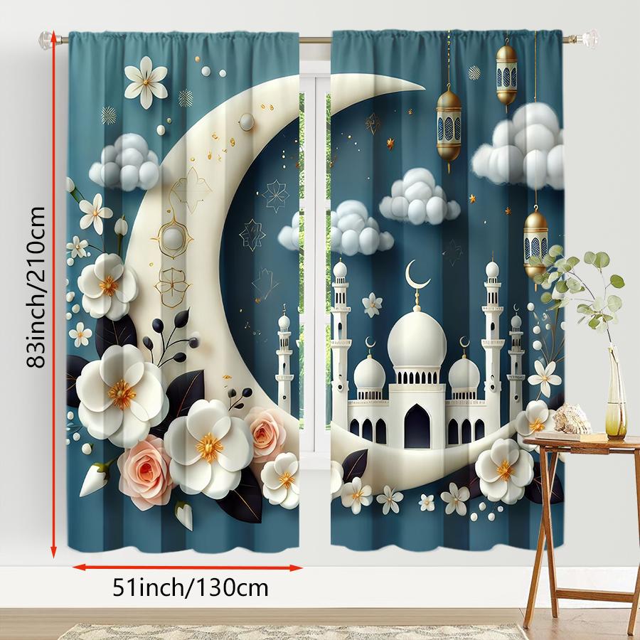 2 Stück Blaue Boden-Halbmond-Islamische Element Vorhänge, Romantischer Stil, Wohnzimmer und Schlafzimmer, Stangentaschen-Dekoration