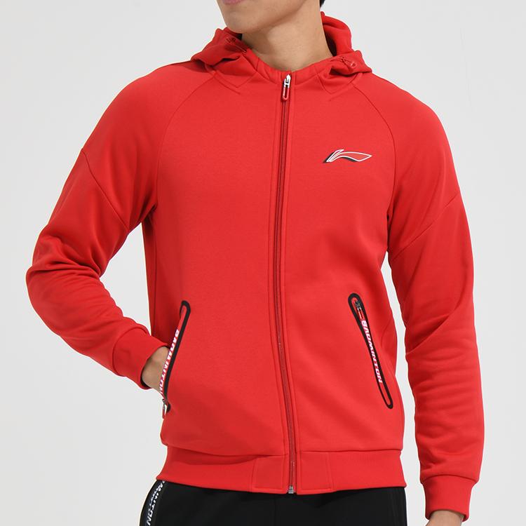 Li Ning Badminton Series Solid Color Logo Print Zipper Fleece Hoodie Men hoodies Crimson-Red AWDSA03-3