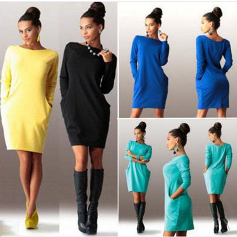 Elegant Summer Solid Casual O Neck Long Sleeve Bodycon Dress With Pockets