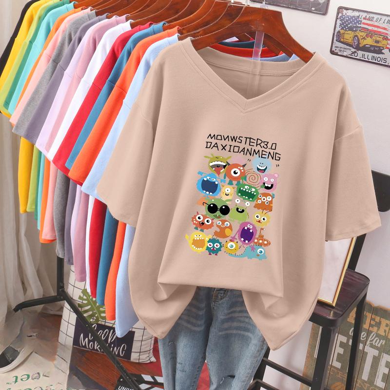 

Футболка с коротким рукавом, Свободного кроя, Приталенный топ с V-образным вырезом с принтом для женщин 5XL абрикосовый