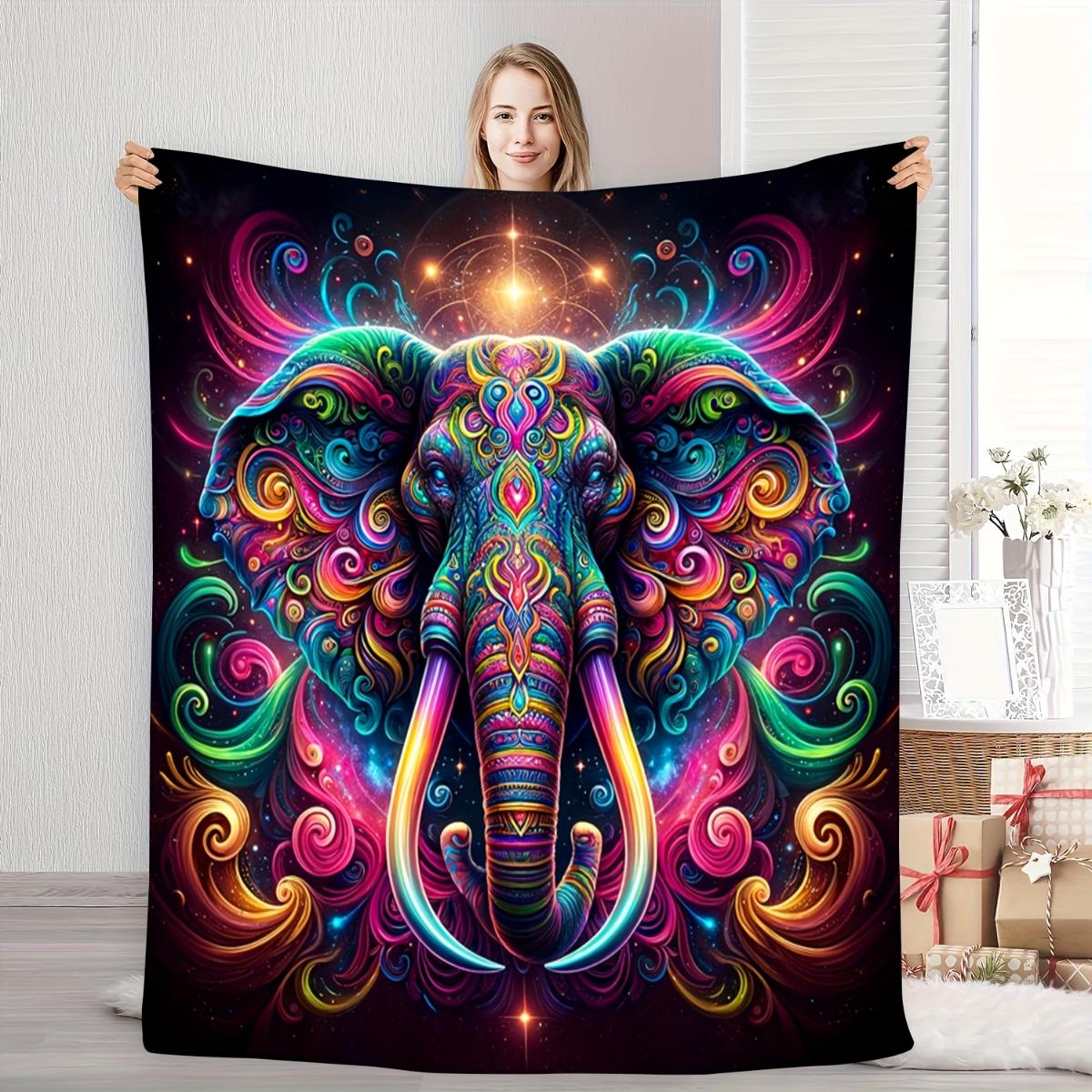 A vintage-style, vibrant abstract art elephant-themed flannel blanket - soft and warm, perfect for camping, sofas, beds, and cha 130x150cm