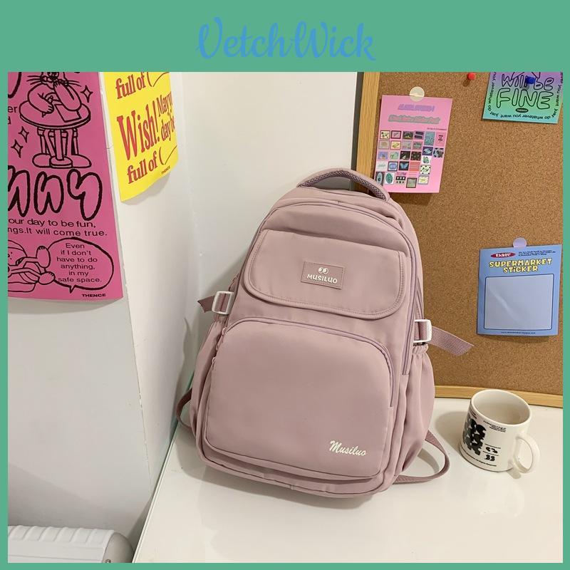Simple Solid Color Letter Printed Student Backpack With Plush Pendant For Daily Use