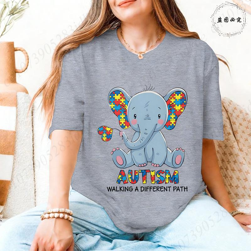 Unisex's Autism Awareness T-shirts: Cute Elephant Puzzle Graphic Tops Walking A Different Path Short Sleeve Autism Support Tees