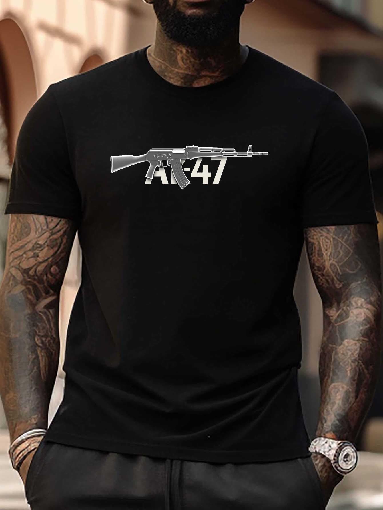 Bold AK47 Rifle Silhouette & Letter Graphic T-shirt - Black with White Print XXXL