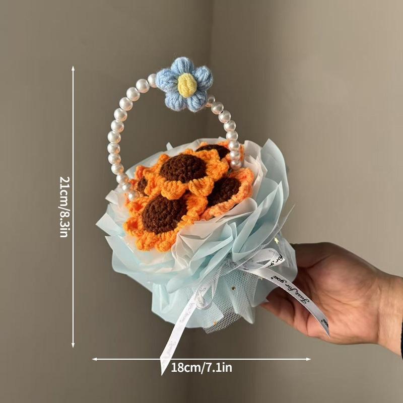Crochet Rose Bouquet Handmade Knitted Sunflower Basketed For Graduation Mothers Day Birthday Wedding Gift Home Office Desk Decor