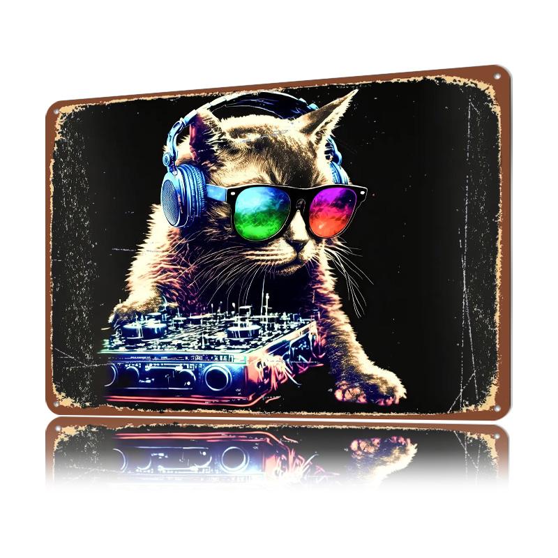 Cat Headphone Dj Music D Texture Printed Poster Custom Vintage Metal Tin Plate Sign for Wall Art Home Decoration Gaming House