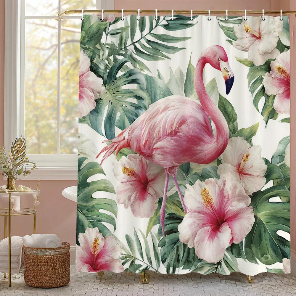 Flamingo Shower Curtain, Floral Botanical Tropical Plant Art Deco Bathroom Decorative Shower Curtain, Print Curtain with Hooks