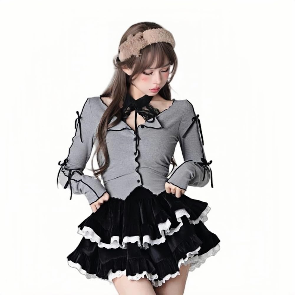 EDREES Top and Mini Long Holder Gothic Korean Princess Street Gal Fall Photo Women's 2-Piece Set, Skirt, Mass-Produced Style, Sleeves, Above-the-Knee,
