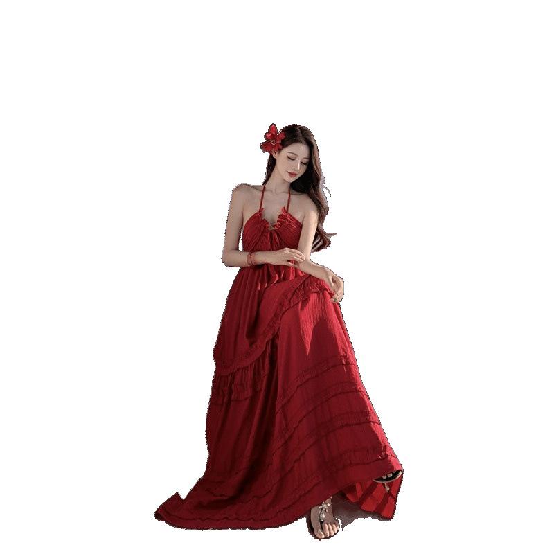 French sexy pure desire style Thai seaside vacation dress women's Sanya sexy suspender cake backless long skirt