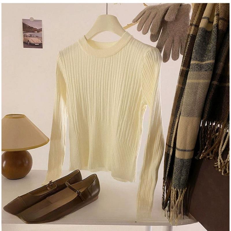 Slim-fit crew neck bottoming shirt for women's spring and autumn new sweater with long-sleeved women's solid-color knitted sweater top for women