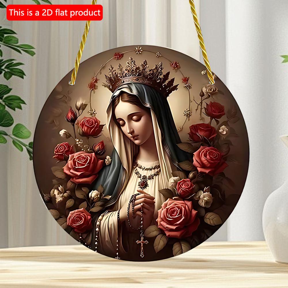 2D Flat 20cm1pc Virgin Mary Round Wooden Wall Hanging Decor, Rose Wreath Design Multifunctional Waterproof Home Decor Su