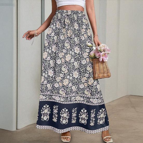 Women Maxi Skirt High Waist A-Line Style Floral Print Long Skirt Loose