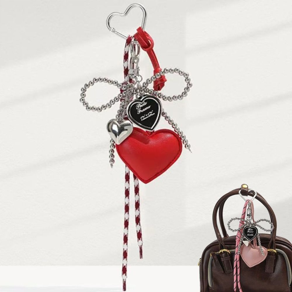 Creative Glossy Leather Pearl Bow Keyring Y2k Long Tassel Love Heart Backpack Pendant Bag Charms Handmade Bag Purse Decor Gift