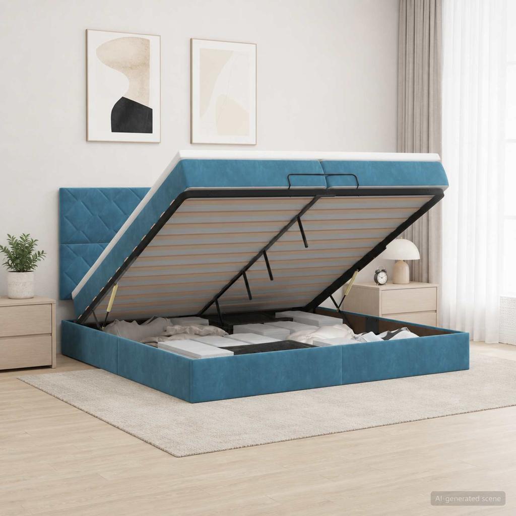 Ottoman Bed with Mattress Dark Blue 200 X 200 Cm Velvet