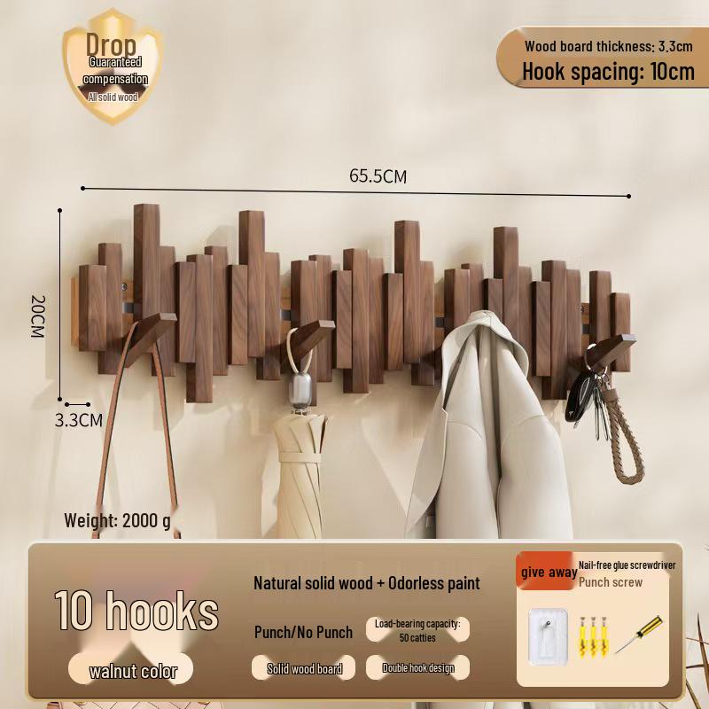Solid Wood Coat Rack with Piano Key Hooks – Adhesive, No-Punch Design for Wall or Door