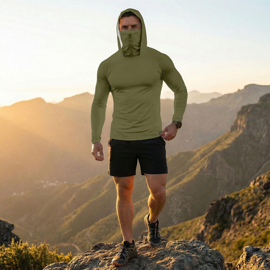 Men’s Long Sleeve Hooded Shirt with Face Cover Lightweight Breathable Athletic Pullover for Outdoor Sports Activities