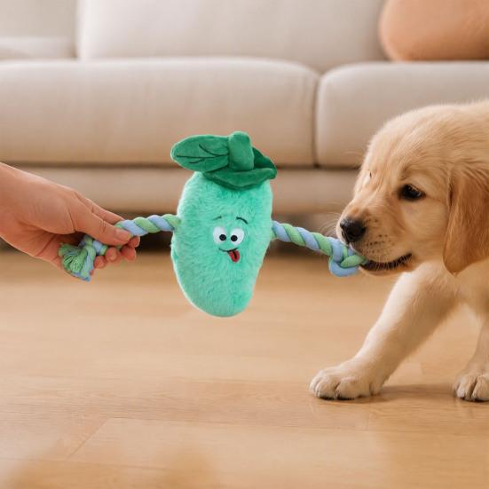 Dog Chew Toy Stuffed Vegetable Toy, Interactive Squeaky Plush Carrot Eggplant Pet Anxiety Relief Green Pepper with Rope Arm for Tug-of-war,