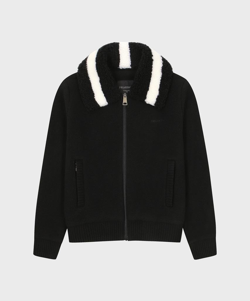 HELVESKO Collared Fur Full-Zip Sweater (Black)