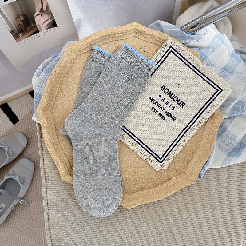 Silver Embroidered Bow-knotted Lace Stockings, Non-stretch Pile Stockings, Breathable Cotton Mid-calf Socks, Ballet-style Gray Socks, Children's Size