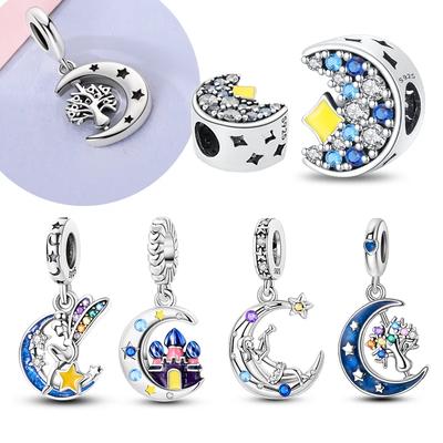 Copper Metal Moon Dangle Charm Bead Components Shiny Star Zircon Tree of Life Bead Components Do It Yourself Authentic Original Bracelet High Quality