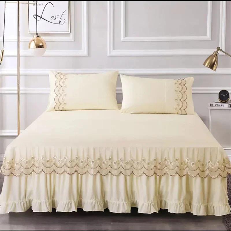 3pcs Bed Skirt Bedspread Pillowcase Ruffle Lace Anti Slip 1.8x2.0m Bed Cover Solid Colour Lace Mattress Dust Bedding Cover