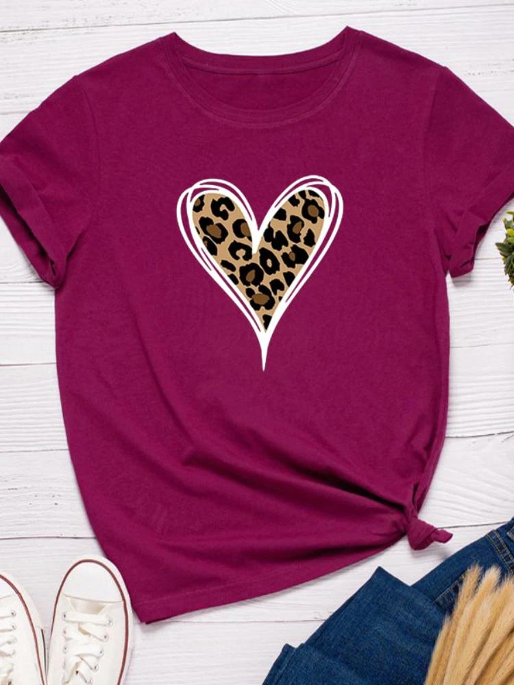 Leopard Heart Print Women T Shirt Short Sleeve O Neck Loose Women Tshirt Ladies Fashion Tee Shirt Tops Clothes Camisetas Mujer