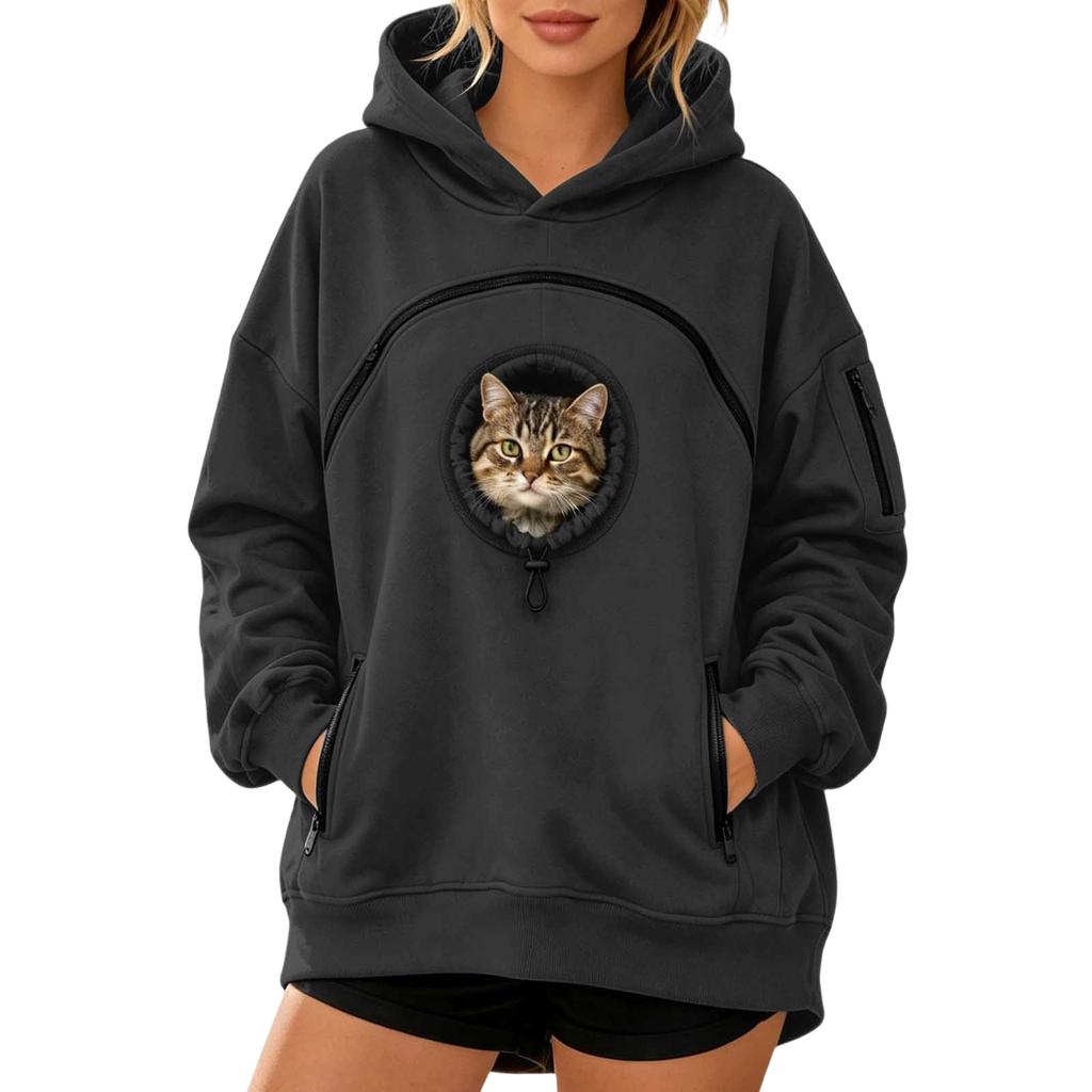 Women's Casual Loose Drop Shoulder Hooded Sweatshirt with Pet Pocket and Zip Front