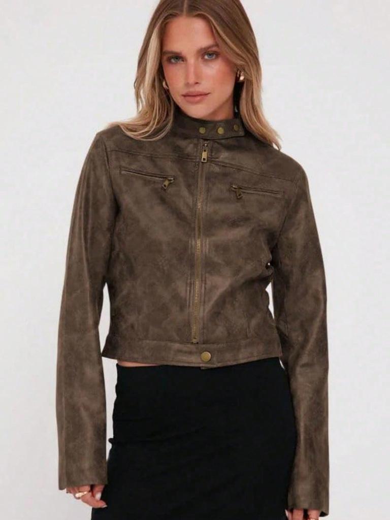 Giacca Moto Corta Vintage da Donna in Ecopelle con Zip e Collo Alto Cappotto Biker Corto Casual