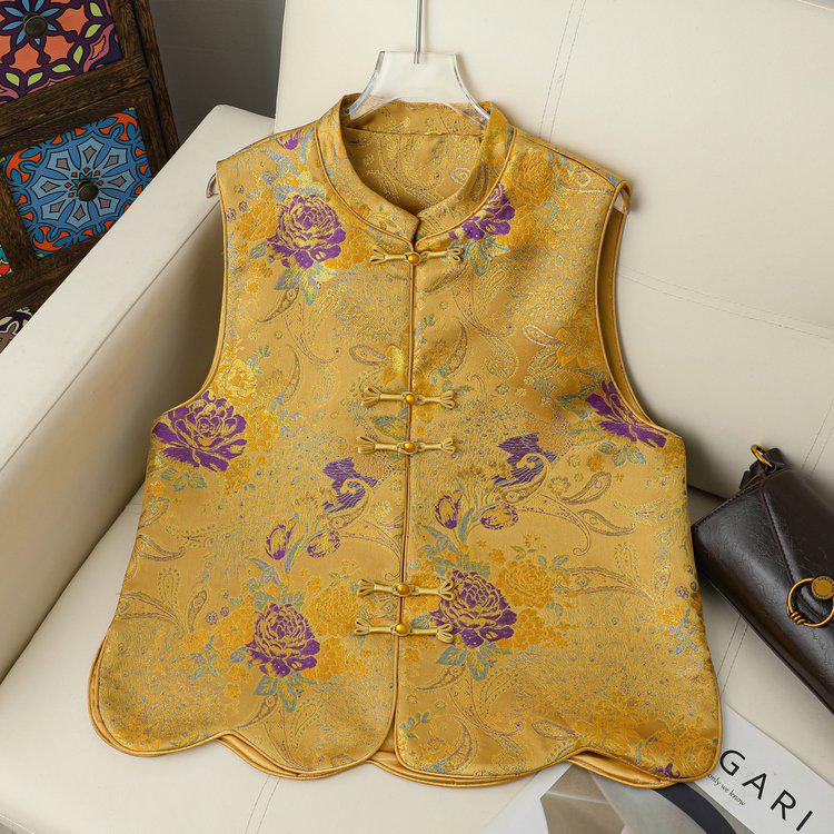

Silk Jacquard Women s Vest with Frog Buttons - New Chinese Style for Spring & Autumn 4XL жёлтый