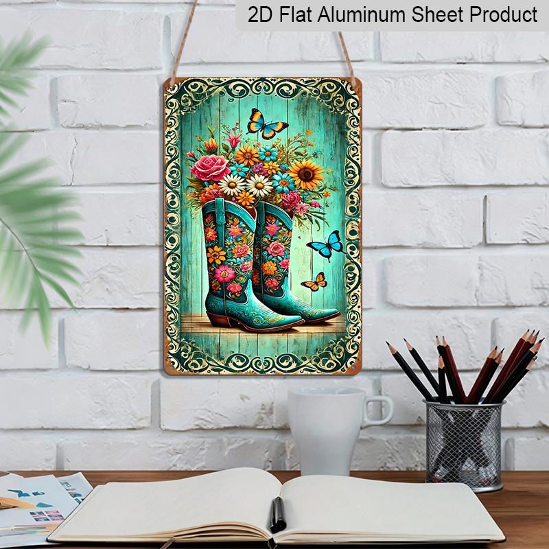 2D Flat, 1pc Western Retro Floral Boots Aluminum Wall Art Sign - 8x12 Inch Rustic Turquoise Boots with Vibrant Flowers & Butterflies, Durable