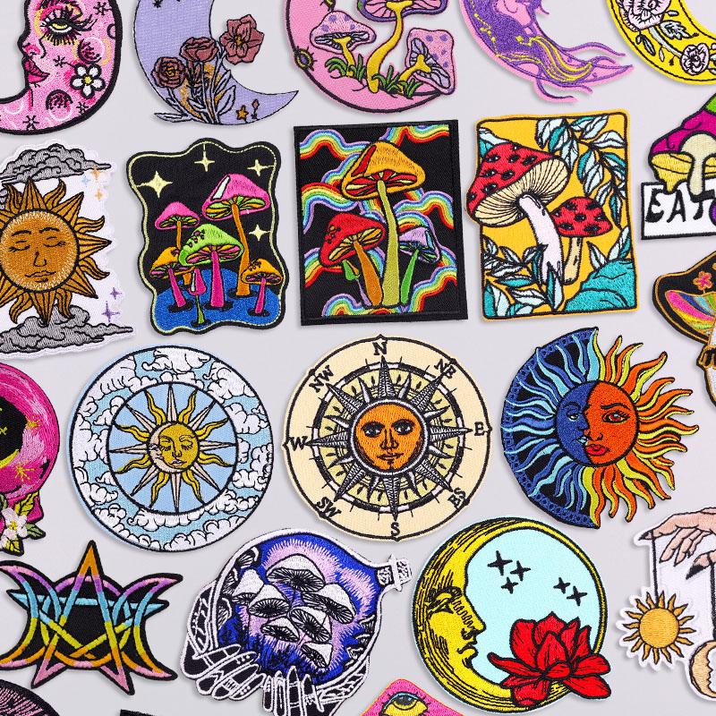 Sun Moon Embroidery Patch Iron On Patches For Clothing Sticker Cartoon Mushroom Applique Patches On Clothes Fusible/Sewing Badge